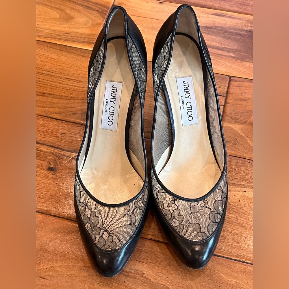 Gorgeous Jimmy Choo Black Lace and leather Heels